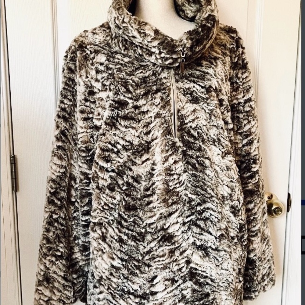 Adrienne Landau Faux Fur Cowl Neck Sweater Chocolate Brown/Cream 1X
